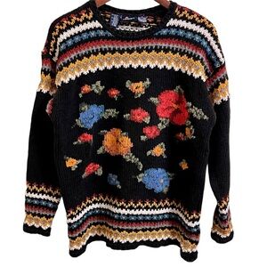 Vintage Liz Sport Floral Knit Grandma Sweater Pullover Oversized Cotton Medium
